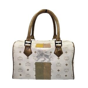 MCM Vintage Cream Lion Logo Barrel Satchel Handbag Designer Bag Purse‎